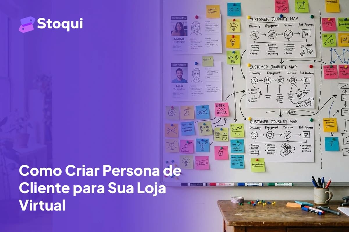 Quadro com post-its coloridos e diagramas de jornada do cliente para criação de persona
