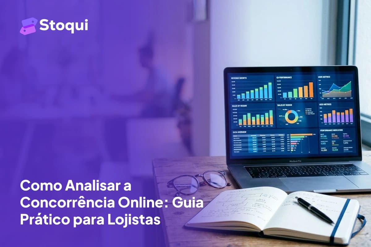 Laptop com dashboards de análise de dados e gráficos coloridos para análise de concorrência