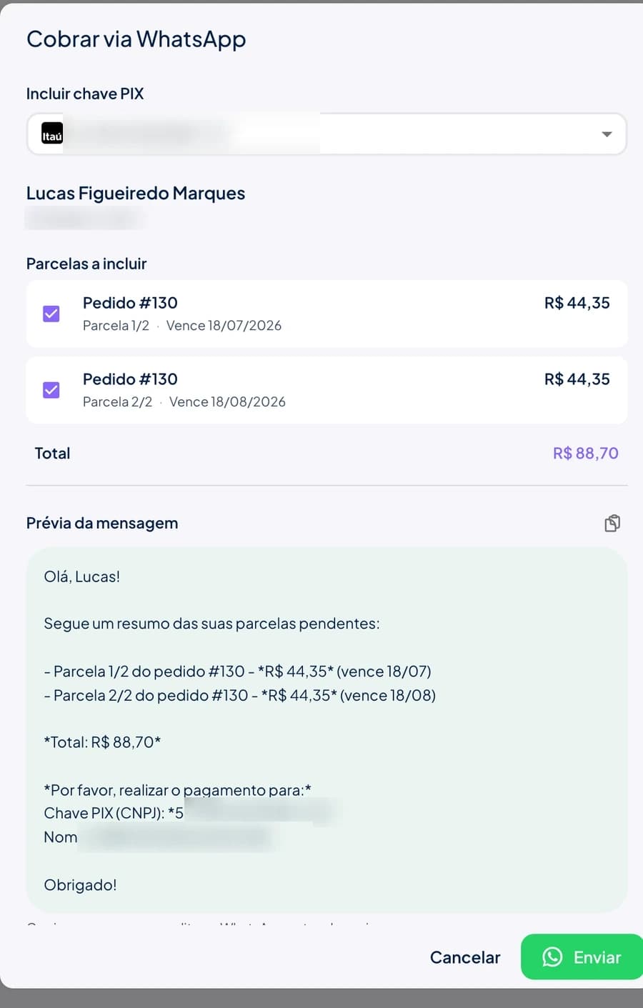 Modal Cobrar via WhatsApp do Stoqui com a prévia da mensagem de cobrança e a chave PIX