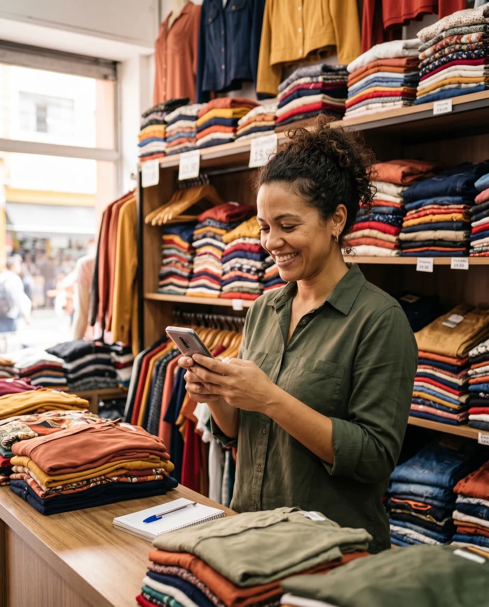 Lojista de loja de roupas conferindo preços no celular com o Stoqui, em meio a prateleiras de produtos